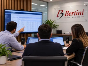 Equipe da Bertini do Brasil em reunião analisando um ambiente JD Edwards em uma tela na sala de reunião
