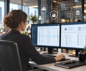 Profissional da Bertini do Brasil revisando acessos e controles de segurança do ERP em dois monitores
